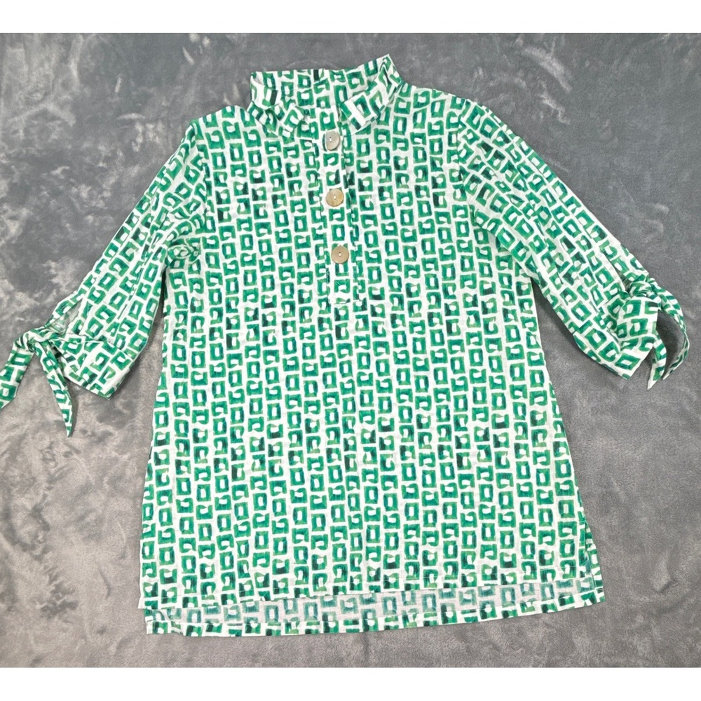 Toofan Top Womens Medium Green White Geometric Cotton Tunic Tie Sleeve High Neck